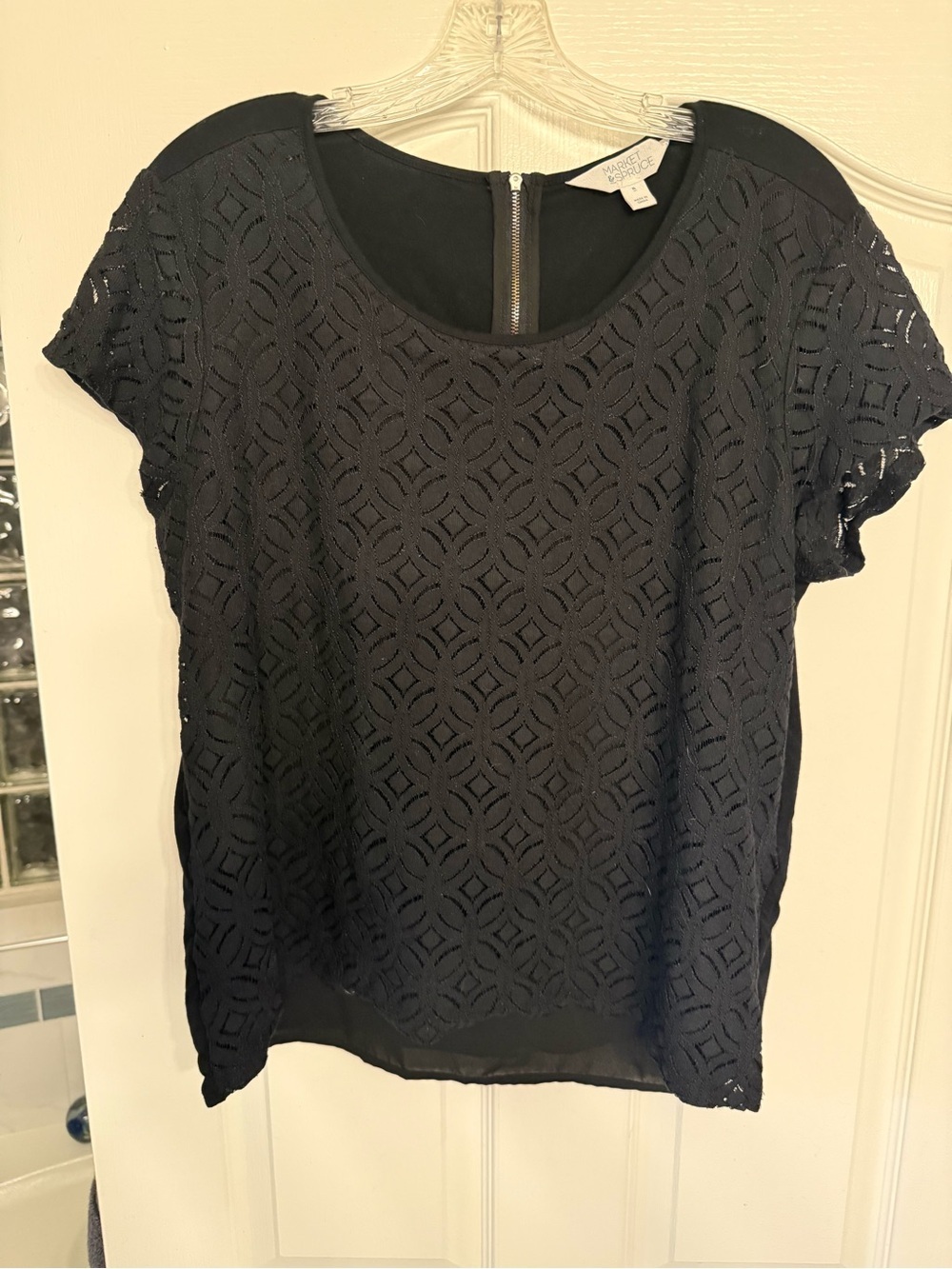 Market & Spruce Black Lace Overlay Top XL Short Sleeve Back Zip Boho